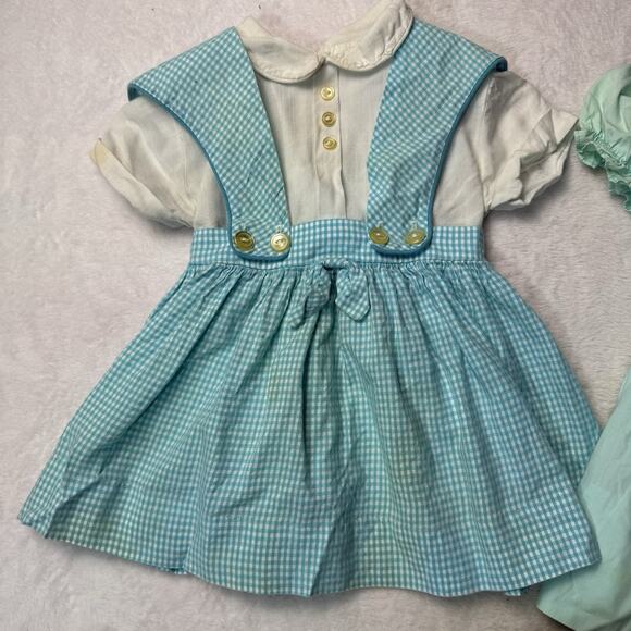 Vtg Baby Girls Dress 3-6 Months Blue Lace Lot Pinafore Gingham Collared 60s - Picture 2 of 7